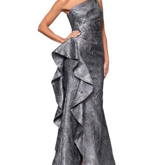 Xscape Gunmetal Metallic Ruffle One-Shoulder Jacquard Mermaid Gown - Picture 2 of 4